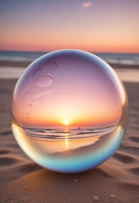 Sunset reflected in crystal ball on beach