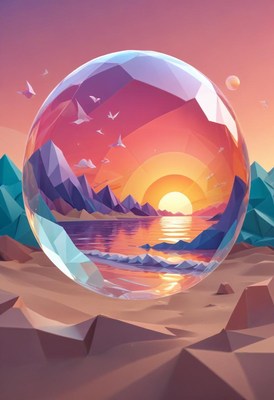 Sunset mountain scene in glass sphere