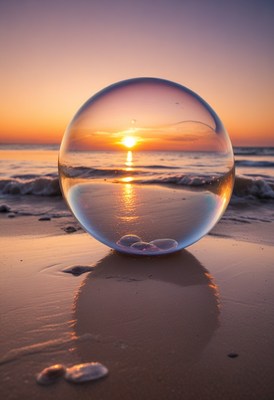 Sunset through glass sphere on beach