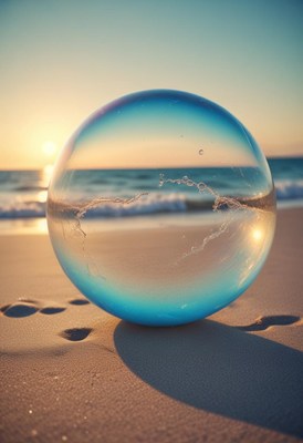 Glass orb on beach at sunset