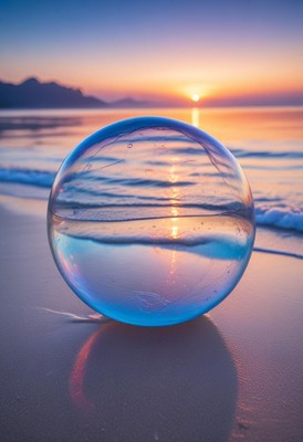 Glass orb reflecting sunset over ocean
