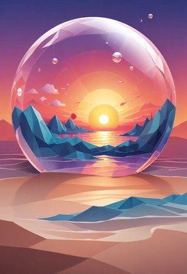 Sunset mountain scene in a bubble