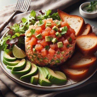 Salmon avocado tartare with toasted bread