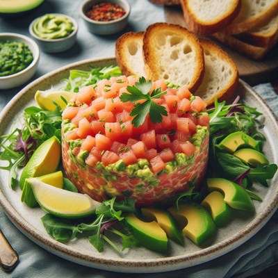 Salmon avocado tartare with toasted bread