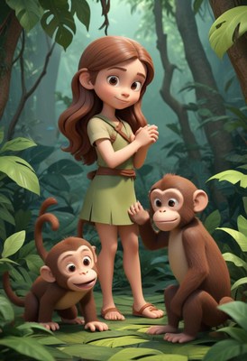 Girl and two monkeys in jungle