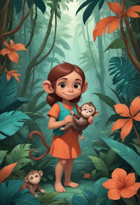 Girl holding monkey in jungle