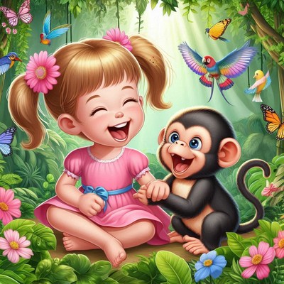 Girl and monkey laugh in jungle