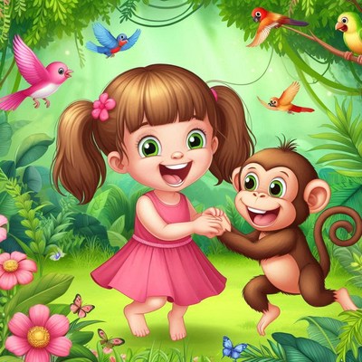 Girl and monkey playing in jungle