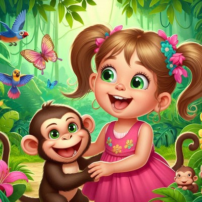 Girl and monkey in jungle