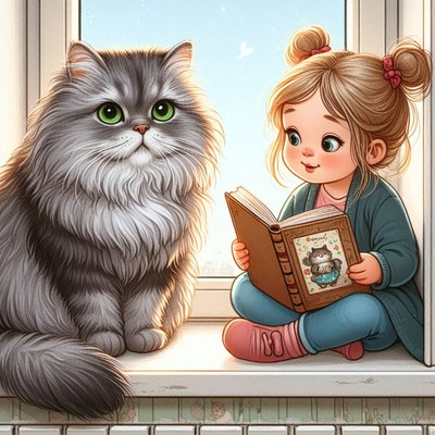 Girl reading to cat on windowsill