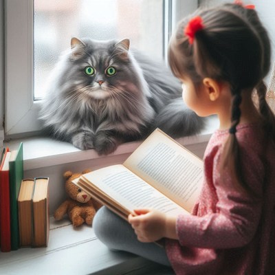Girl reading with cat on windowsill