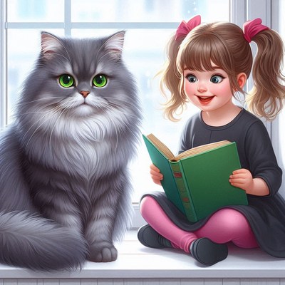 Girl reading to cat by window