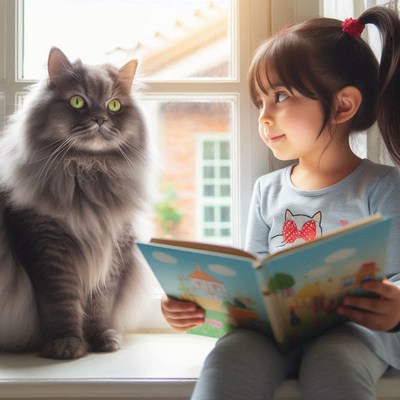 Girl reading to cat by window