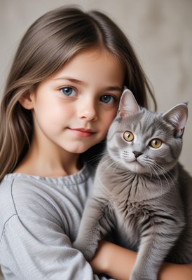Girl holding grey cat