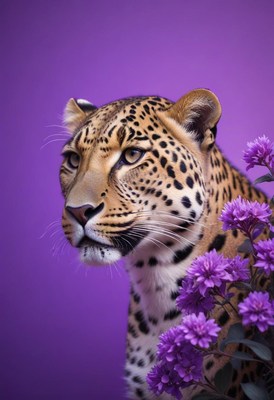 Leopard portrait with purple flowers