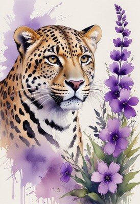 Leopard and purple flowers watercolor painting
