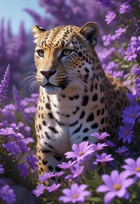 Leopard among purple flowers