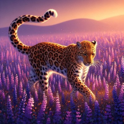 Leopard walking through lavender field at sunset