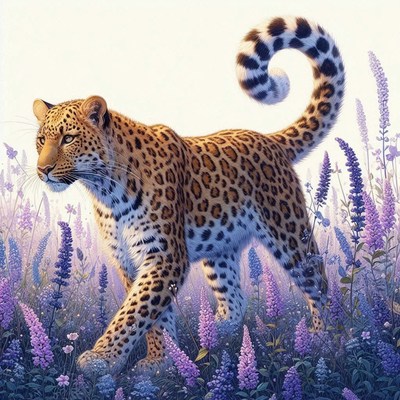 Leopard walking through purple flowers