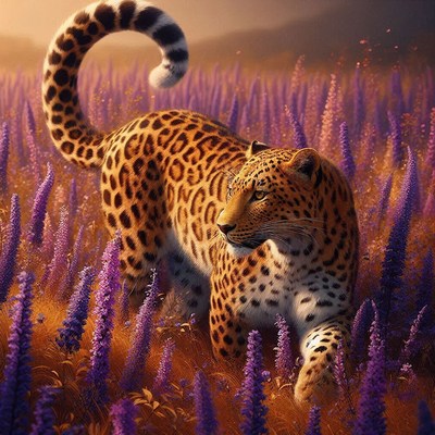 Leopard in purple wildflowers