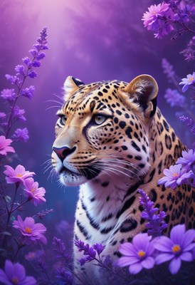 Leopard in purple flowers