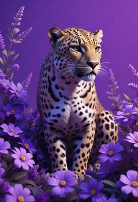 Leopard in purple flowers