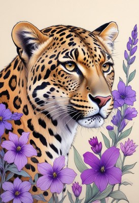 Leopard portrait with purple flowers