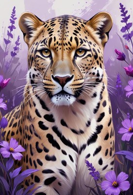 Leopard portrait with purple flowers