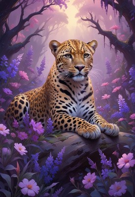 Leopard resting in purple flowers