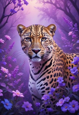 Leopard in purple flowers