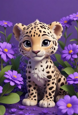 Cute leopard cub among flowers