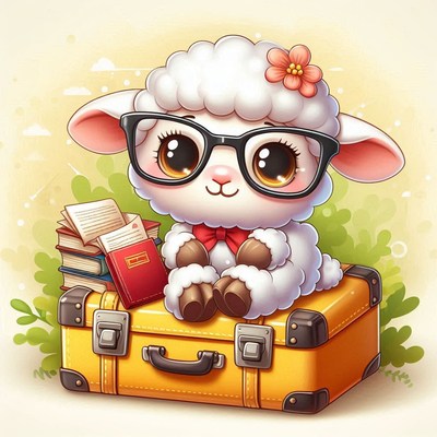 Cute lamb with glasses on suitcase