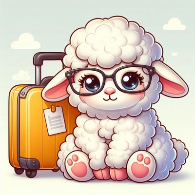 Cute lamb with suitcase ready to travel