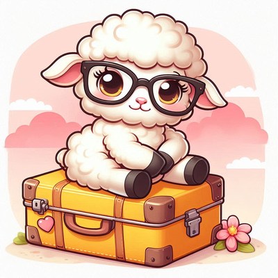 Cute lamb sitting on luggage