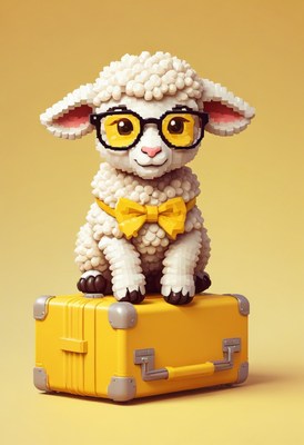 Sheep with glasses sitting on suitcase