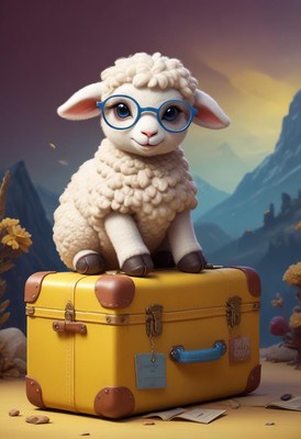 Lamb sitting on suitcase