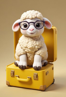 Sheep with glasses sitting on suitcase