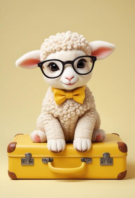 Lamb sitting on suitcase