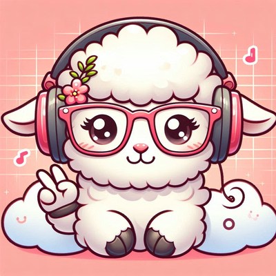 Cute lamb with headphones on a cloud