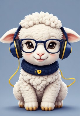 Cute lamb wearing headphones