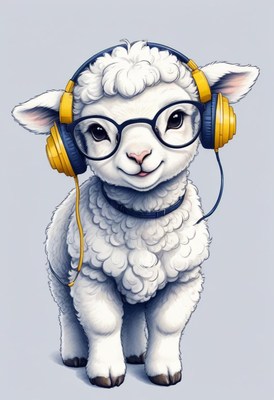 Smiling lamb wearing headphones