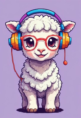 Cute cartoon lamb wearing headphones