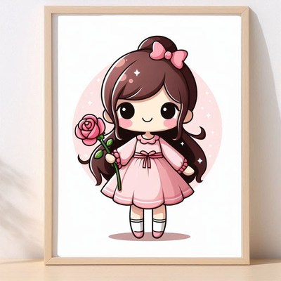 Cute cartoon girl holding a rose