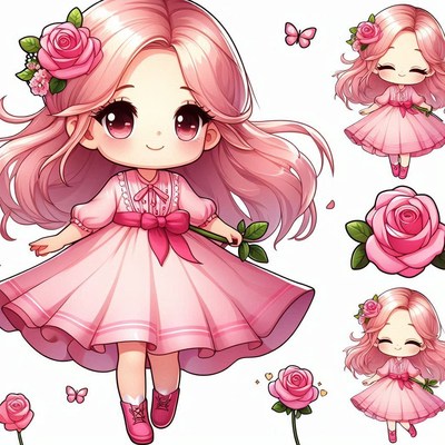 Anime girl in pink dress with roses