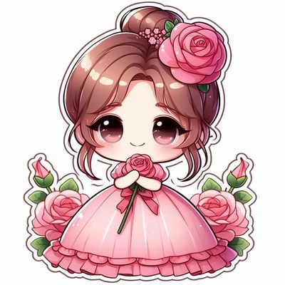 Chibi girl holding pink rose