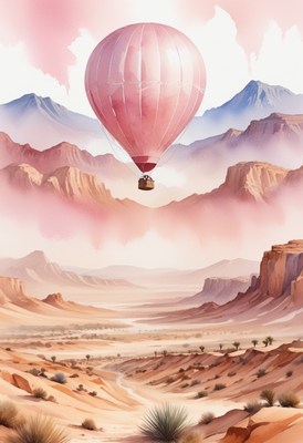 Pink hot air balloon over desert mountains