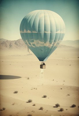 Hot air balloon ascending over desert landscape