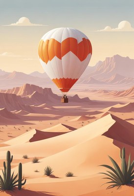Hot air balloon over desert dunes