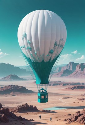 Hot air balloon over desert landscape