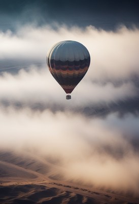 Hot air balloon soaring above clouds
